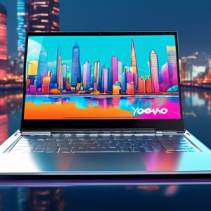 A sleek, silver Lenovo Yoga 9i laptop hovering in mid-air, transforming from laptop mode into tablet mode, with a vibrant, futuristic cityscape reflecting on its screen.