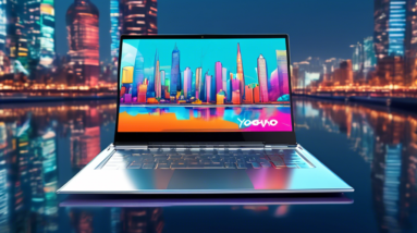 A sleek, silver Lenovo Yoga 9i laptop hovering in mid-air, transforming from laptop mode into tablet mode, with a vibrant, futuristic cityscape reflecting on its screen.