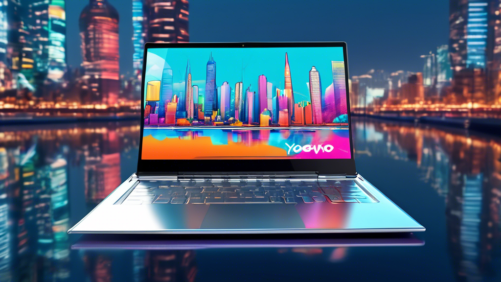 A sleek, silver Lenovo Yoga 9i laptop hovering in mid-air, transforming from laptop mode into tablet mode, with a vibrant, futuristic cityscape reflecting on its screen.