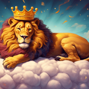 A majestic, sleeping lion with a golden crown resting on a luxuriously puffy mattress that is floating on a cloud.