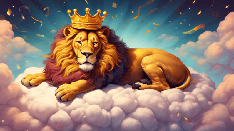 A majestic, sleeping lion with a golden crown resting on a luxuriously puffy mattress that is floating on a cloud.