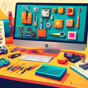 A brightly lit desk with computer components neatly laid out, surrounded by tools and a beginner's guide book titled Build Your Own PC. A hand reaches for a screwdriver, with a look of excitement and