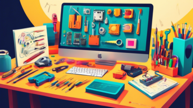 A brightly lit desk with computer components neatly laid out, surrounded by tools and a beginner's guide book titled Build Your Own PC. A hand reaches for a screwdriver, with a look of excitement and