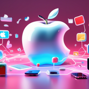 A 3D rendering of a giant bitten apple with a glowing white outline, surrounded by smaller, floating icons of Apple products and services
