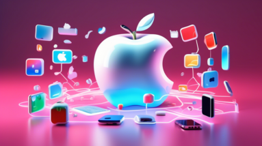 A 3D rendering of a giant bitten apple with a glowing white outline, surrounded by smaller, floating icons of Apple products and services