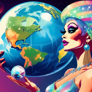 A glamorous drag queen with a sparkly globe headpiece, holding a TV remote, with planet Earth in the background