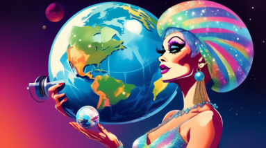 A glamorous drag queen with a sparkly globe headpiece, holding a TV remote, with planet Earth in the background