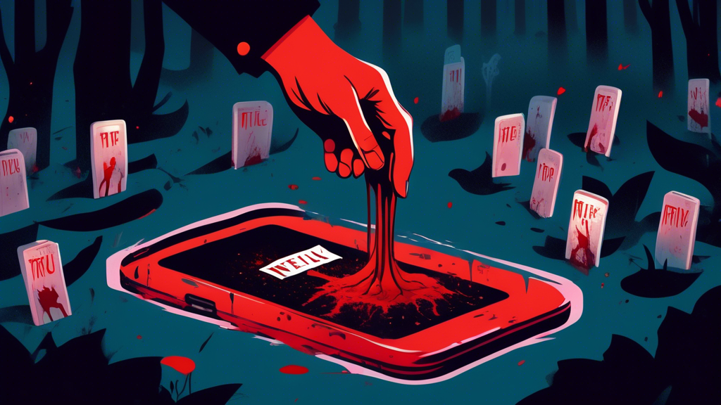 A bloody hand reaching from a grave holding a smartphone displaying the Netflix top 10 list with a dark comedy true crime show at number one.