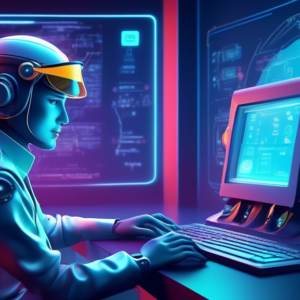 A futuristic Windows computer interface with an intelligent AI assistant wearing a pilot's cap emanating from the screen, offering helpful tips and suggestions to the user.
