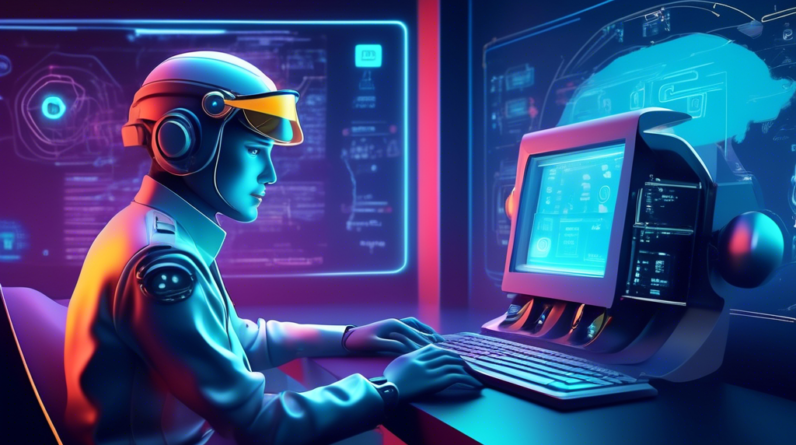 A futuristic Windows computer interface with an intelligent AI assistant wearing a pilot's cap emanating from the screen, offering helpful tips and suggestions to the user.