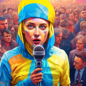 A holographic spokesperson with the Ukrainian flag emblazoned on its chest, speaking into a microphone, with a crowd of reporters holding cameras and microphones in the background.
