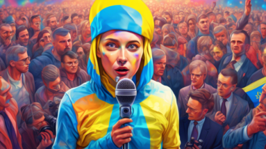 A holographic spokesperson with the Ukrainian flag emblazoned on its chest, speaking into a microphone, with a crowd of reporters holding cameras and microphones in the background.