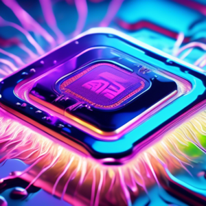 A computer chip with the AMD logo partially submerged in a pool of shimmering, iridescent liquid, with lightning bolts arcing between the chip and a faint image of the Cerebras wafer in the background