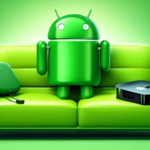 A green android mascot holding a remote control with the Apple TV logo, sitting on a couch with a giant smartphone displaying the Apple TV interface.