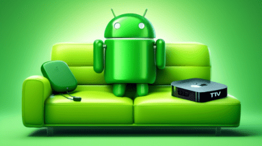 A green android mascot holding a remote control with the Apple TV logo, sitting on a couch with a giant smartphone displaying the Apple TV interface.