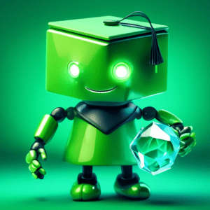 A green android mascot wearing a graduation cap and holding a glowing, multifaceted gem labeled Gemini AI.