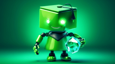 A green android mascot wearing a graduation cap and holding a glowing, multifaceted gem labeled Gemini AI.