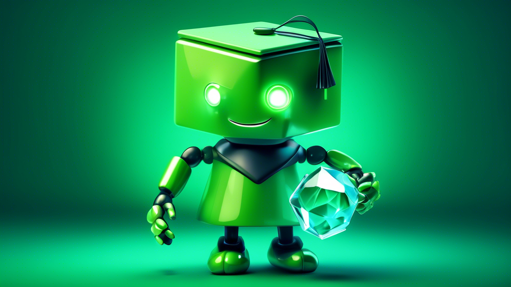 A green android mascot wearing a graduation cap and holding a glowing, multifaceted gem labeled Gemini AI.