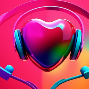 A sleek and colorful abstract animation of the Apple logo transforming into a beating heart with headphones.