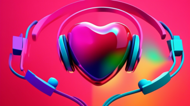 A sleek and colorful abstract animation of the Apple logo transforming into a beating heart with headphones.