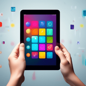 A sleek, thin tablet held in the hand with a brightly lit screen displaying colorful icons against a minimalist background.