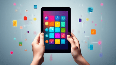 A sleek, thin tablet held in the hand with a brightly lit screen displaying colorful icons against a minimalist background.