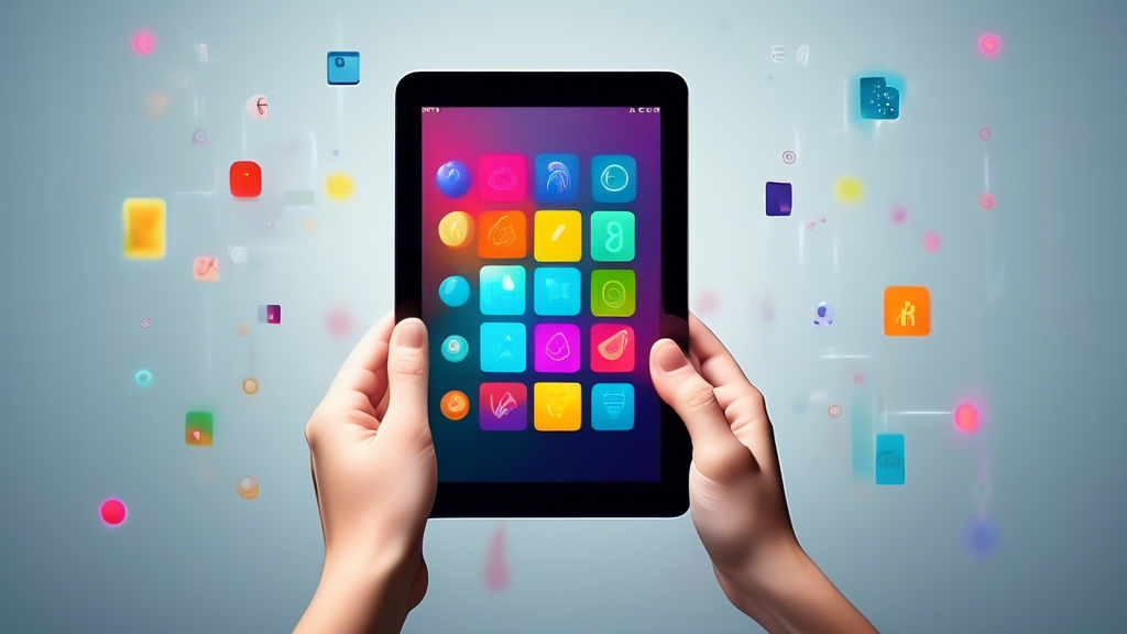 A sleek, thin tablet held in the hand with a brightly lit screen displaying colorful icons against a minimalist background.