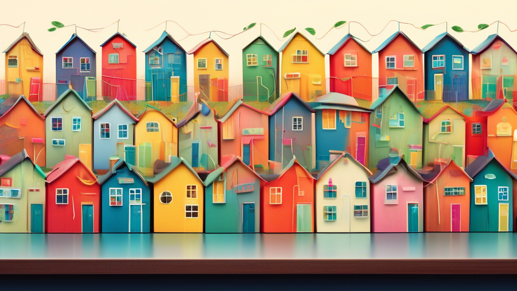 A lone apple sits on a table, connected by a single thin wire to 38 tiny, colorful houses.