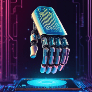 A robotic arm holding a futuristic computer chip with the Softbank logo on it, set against a backdrop of binary code.