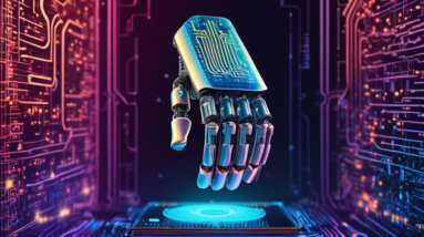 A robotic arm holding a futuristic computer chip with the Softbank logo on it, set against a backdrop of binary code.