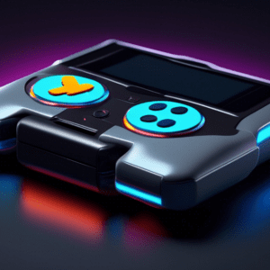 A close-up of a futuristic handheld gaming console with an 'X' glowing on its dark gray case