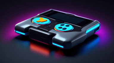 A close-up of a futuristic handheld gaming console with an 'X' glowing on its dark gray case