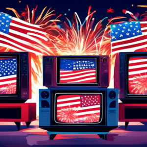 Five TVs stacked on top of each other with American flags draped over them and fireworks exploding in the background.