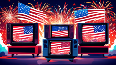 Five TVs stacked on top of each other with American flags draped over them and fireworks exploding in the background.