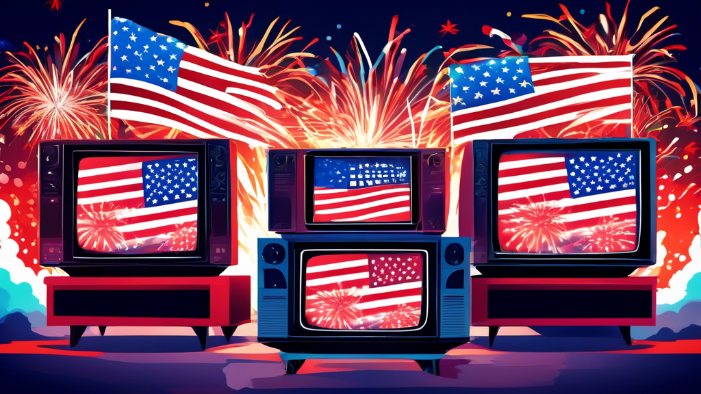 Five TVs stacked on top of each other with American flags draped over them and fireworks exploding in the background.