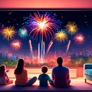 A family sitting on a comfortable couch in their living room, excitedly watching a stunning OLED TV displaying vibrant fireworks, with a Best Buy Memorial Day Sale banner overlaid on the image.