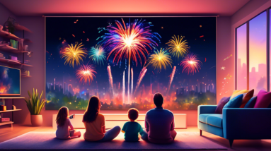 A family sitting on a comfortable couch in their living room, excitedly watching a stunning OLED TV displaying vibrant fireworks, with a Best Buy Memorial Day Sale banner overlaid on the image.