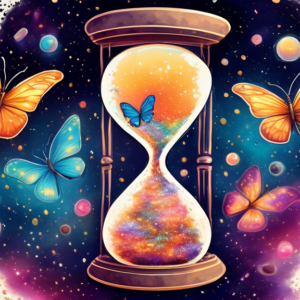 A caterpillar morphing into a butterfly inside an hourglass filled with swirling galaxies.