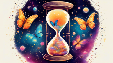 A caterpillar morphing into a butterfly inside an hourglass filled with swirling galaxies.