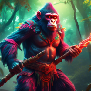 A mythical monkey warrior wielding a magical staff, battling a colossal demon in a vibrant Chinese forest, with stunningly realistic graphics and epic cinematic lighting.