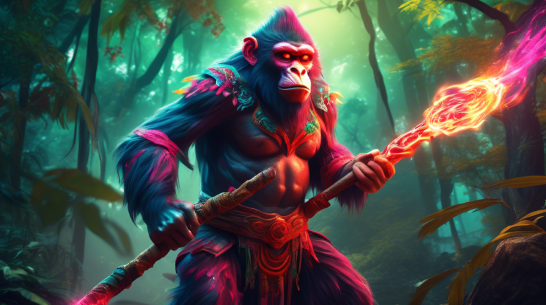 A mythical monkey warrior wielding a magical staff, battling a colossal demon in a vibrant Chinese forest, with stunningly realistic graphics and epic cinematic lighting.