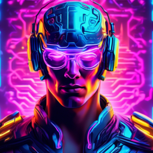 A cyborg gamer with glowing neuralink brain implant excelling at a futuristic video game, neon colors, digital art