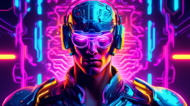 A cyborg gamer with glowing neuralink brain implant excelling at a futuristic video game, neon colors, digital art