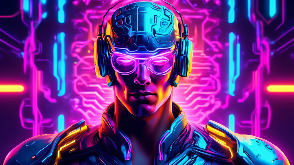 A cyborg gamer with glowing neuralink brain implant excelling at a futuristic video game, neon colors, digital art