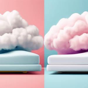 A split image of a fluffy cloud and an ergonomic mattress, side by side.