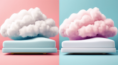 A split image of a fluffy cloud and an ergonomic mattress, side by side.