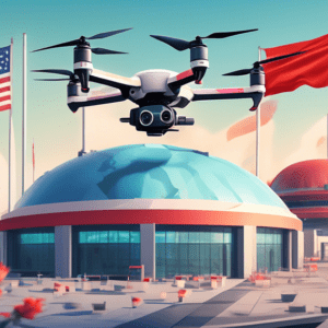 A DJI drone hovering over a futuristic factory complex with the flags of China, USA, and Holland waving in the foreground.