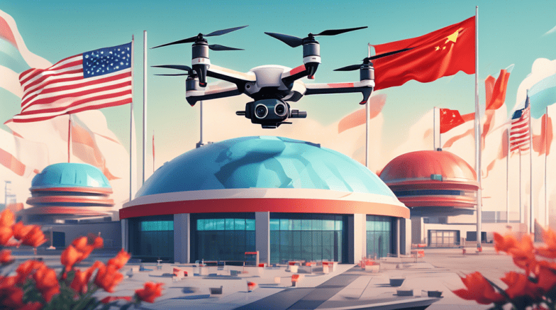 A DJI drone hovering over a futuristic factory complex with the flags of China, USA, and Holland waving in the foreground.