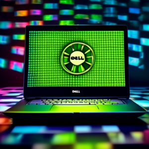 A Dell laptop with an Nvidia logo glowing brightly, levitating above a chessboard with AI neural network patterns reflected in its screen.