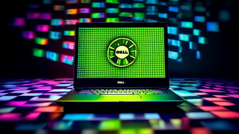 A Dell laptop with an Nvidia logo glowing brightly, levitating above a chessboard with AI neural network patterns reflected in its screen.